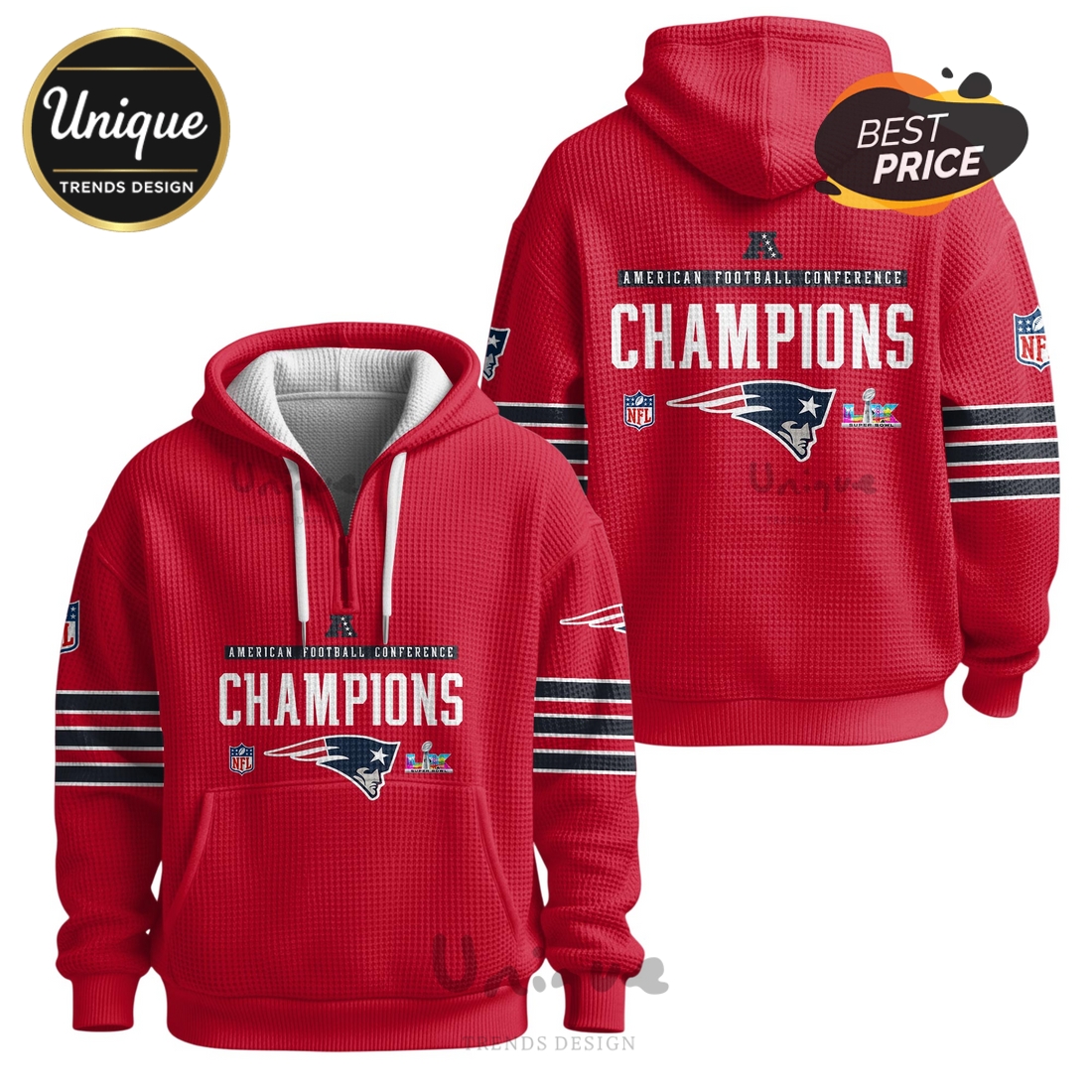 New England Patriots AFC Champions 3D Graphic Zip Waffle Hoodie New England Patriots AFC Champions 3D Graphic Zip Waffle Hoodie