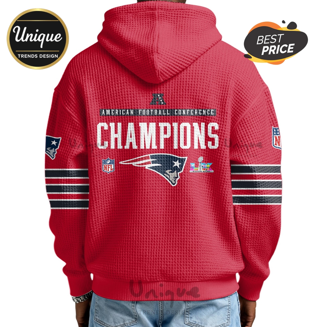 New England Patriots AFC Champions 3D Graphic Zip Waffle Hoodie New England Patriots AFC Champions 3D Graphic Zip Waffle Hoodie