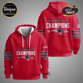 Red hoodie with 'American Football Conference Champions' text and the New England Patriots logo.!