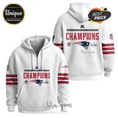 White hoodie featuring the New England Patriots logo, 'American Football Conference Champions' text, and red/blue stripes on sleeves.!