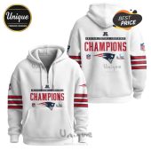 White hoodie with American Football Conference Champions design, Patriots logo, and red stripes on sleeves.!