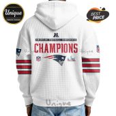 White hoodie featuring 'American Football Conference Champions' text with Patriots logo and Super Bowl emblem.!