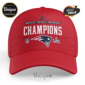 Red hat with Patriots logo, 'American Football Conference Champions', NFL logo, and Super Bowl emblem.!