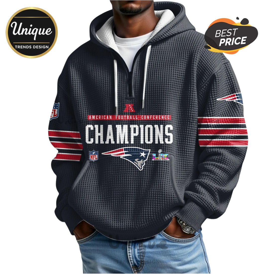 New England Patriots American Football Conference Zip Waffle Hoodie New England Patriots American Football Conference Zip Waffle Hoodie