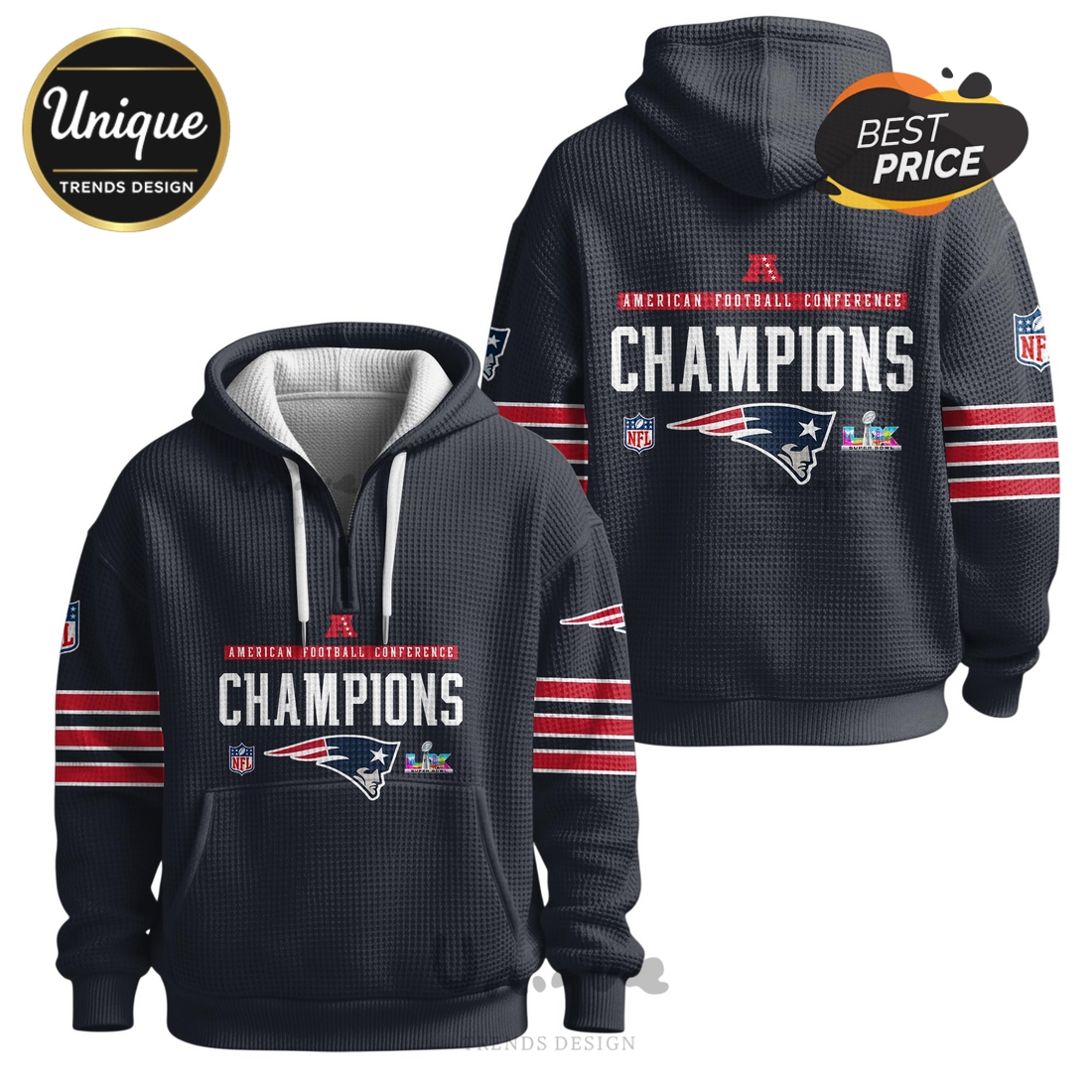 New England Patriots American Football Conference Zip Waffle Hoodie New England Patriots American Football Conference Zip Waffle Hoodie