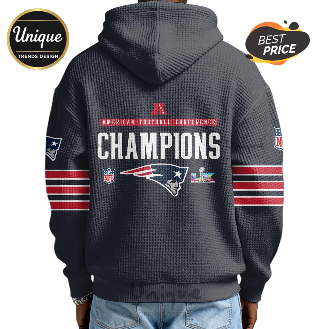 New England Patriots American Football Conference Zip Waffle Hoodie New England Patriots American Football Conference Zip Waffle Hoodie
