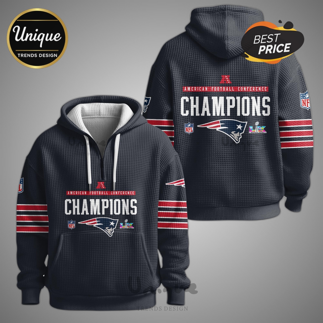 New England Patriots American Football Conference Zip Waffle Hoodie New England Patriots American Football Conference Zip Waffle Hoodie