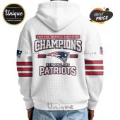 White hoodie with New England Patriots Champions design, years 2025 and 2026, and red stripes on sleeves.!