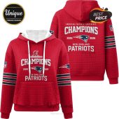 Red New England Patriots Champions hoodie with '2025 2026' text and the NFL logo on the sleeve.!