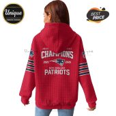 Red hoodie with 'Champions 2025-2026 New England Patriots' text and team logos on back and sleeves.!