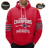 Red hoodie with a quilted pattern, 'Champions,' 'New England Patriots,' the years '2025' and '2026,' and the team logo.!
