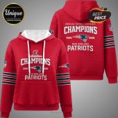 Red New England Patriots Champions hoodie with '2025-2026' text and NFL logos.!
