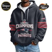 New England Patriots Champions 2025 2026 hoodie with NFL logo and red white stripes on sleeves!