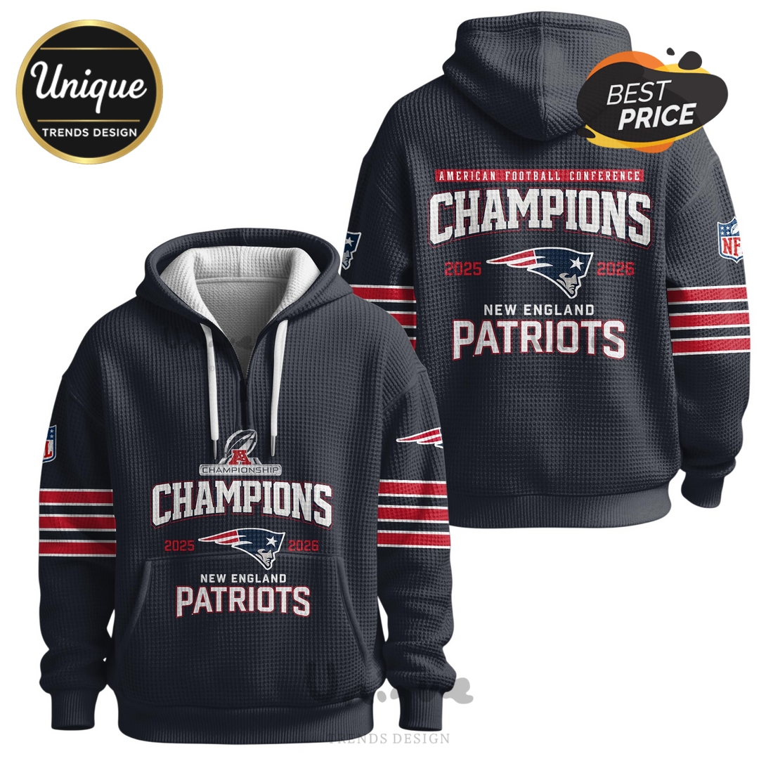 New England Patriots Champions 2025-2026 Super Bowl Zip Waffle Hoodie New England Patriots Champions 2025-2026 Super Bowl Zip Waffle Hoodie