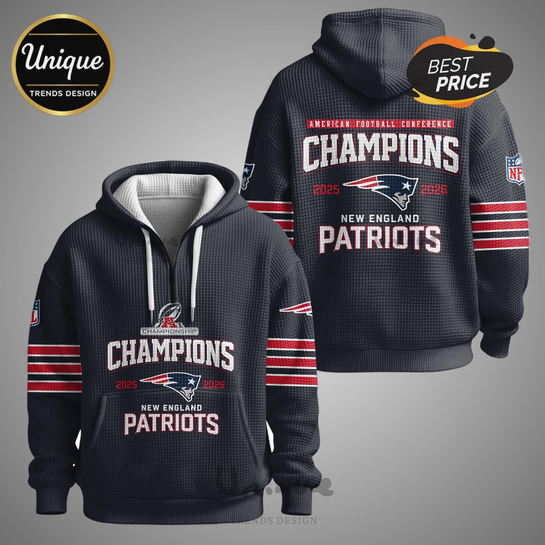 New England Patriots Champions 2025-2026 Super Bowl Zip Waffle Hoodie New England Patriots Champions 2025-2026 Super Bowl Zip Waffle Hoodie