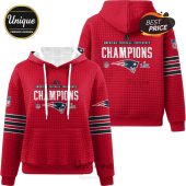 Red quilted hoodie with 'American Football Conference Champions' and Patriots logo, NFL symbol and Super Bowl image.!