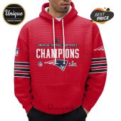 Red hoodie featuring 'American Football Conference Champions' text, Patriots logo, NFL logo and Super Bowl logo.!