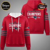 Red hoodie with Patriots logo, 'American Football Conference Champions' text, NFL logo, and Super Bowl logo.!