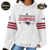 White hoodie with 'American Football Conference Champions' text and Patriots logo.!