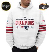 White hoodie featuring 'American Football Conference Champions' with the Patriots logo and NFL shield.!
