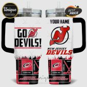 Two-sided tumbler with New Jersey Devils and Carolina Hurricanes designs and customizable name option.!