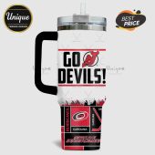 White tumbler with the 'Go Devils!' text design above a 'Carolina Hurricanes' logo design.!