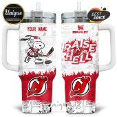 New Jersey Devils Snoopy Comic Stanley Tumbler with text 'Your Name' and 'Raise Hell'.!