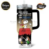 Tumbler with Snoopy, Woodstock, Charlie Brown and the text: Roses are red violets are blue I love Saints and Bud Light.!