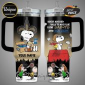 Stainless steel tumbler featuring Snoopy, Bud Light, Saints logo, and custom name option.!