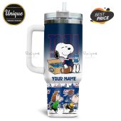 Personalized travel mug featuring Snoopy with Bud Light and NY Giants football theme.!