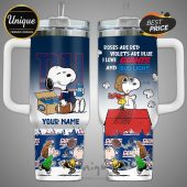 Tumbler featuring Snoopy, football, Bud Light, Giants theme, and customizable name.!