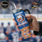 Customizable blue tumbler with New York Islanders hockey team logo and 'Your Name' text!
