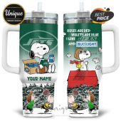 Tumbler features Snoopy, Woodstock, football, and 'Roses are red, violets are blue, I love Jets and Bud Light' text.!