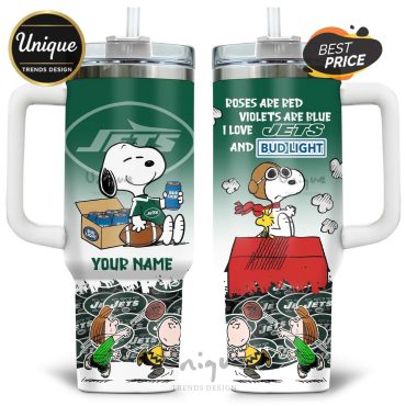 New York Jets Snoopy Bud Light Personalized Football Tumbler