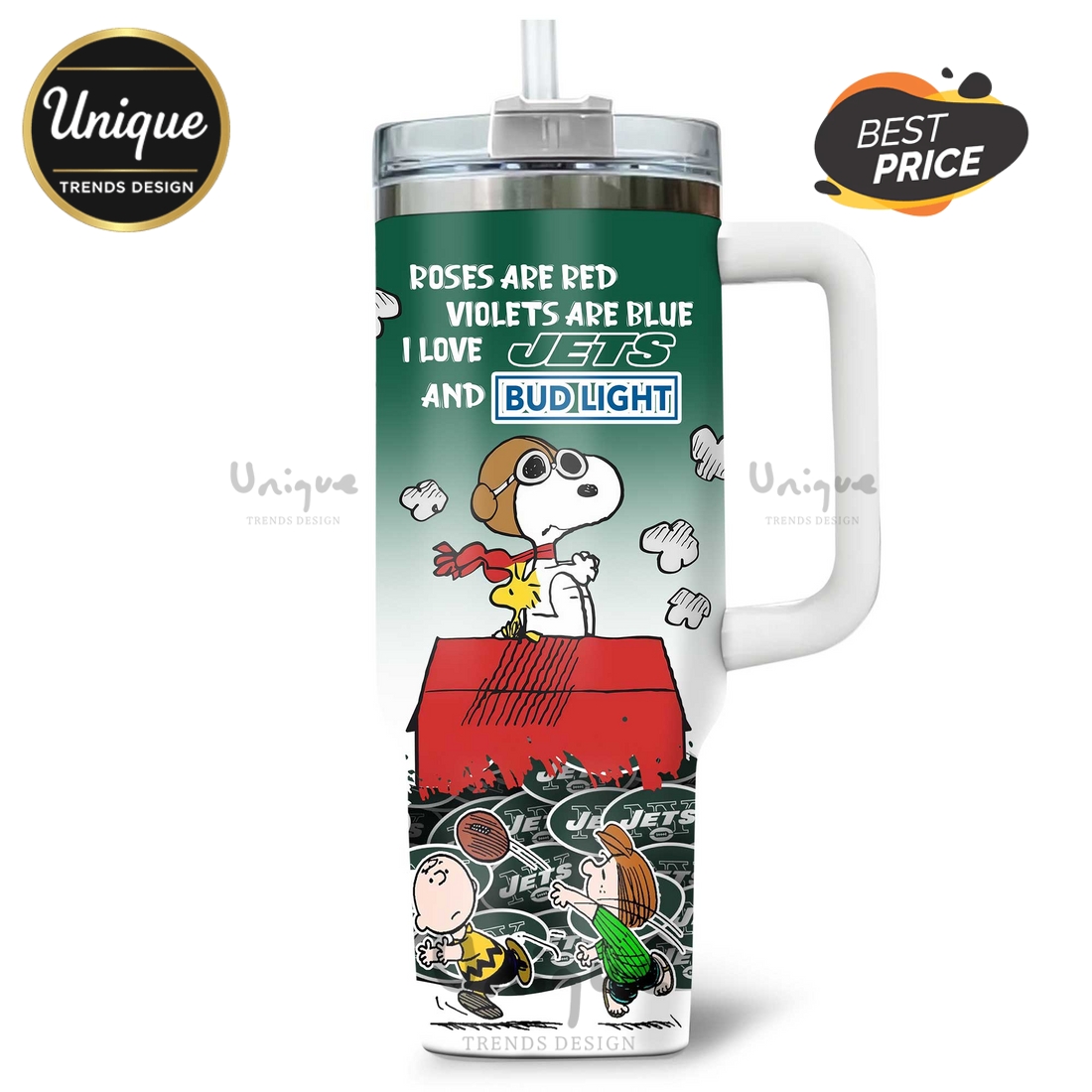 New York Jets Snoopy Bud Light Personalized Football Tumbler New York Jets Snoopy Bud Light Personalized Football Tumbler