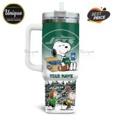 Personalized New York Jets Snoopy tumbler featuring Snoopy, beer, football, and Jets theme.!