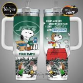 Customizable tumbler featuring Snoopy, Woodstock, Charlie Brown, the NY Jets logo, and Bud Light logos.!
