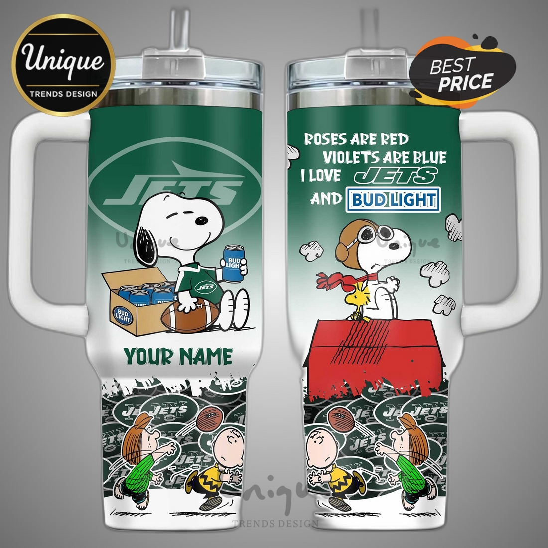 New York Jets Snoopy Bud Light Personalized Football Tumbler New York Jets Snoopy Bud Light Personalized Football Tumbler
