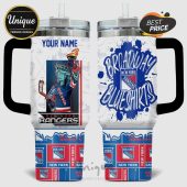Custom New York Rangers tumbler features the Statue of Liberty in a jersey, team logos, and personalization option.!