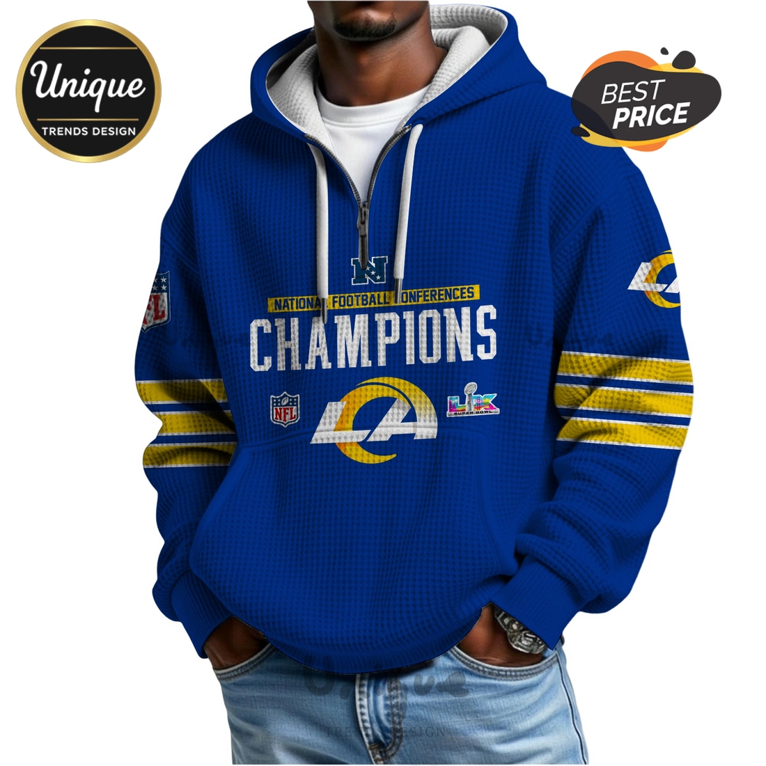 NFC Champions Los Angeles Rams Super Bowl LX Zip Waffle Hoodie NFC Champions Los Angeles Rams Super Bowl LX Zip Waffle Hoodie