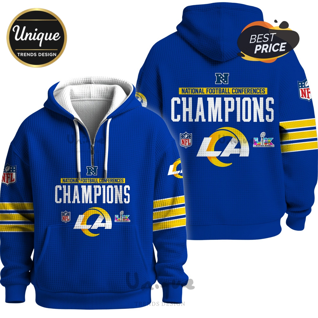 NFC Champions Los Angeles Rams Super Bowl LX Zip Waffle Hoodie NFC Champions Los Angeles Rams Super Bowl LX Zip Waffle Hoodie