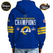 Back of blue hoodie with 'National Football Conference Champions', LA Rams logo, and Super Bowl LVI emblem.!