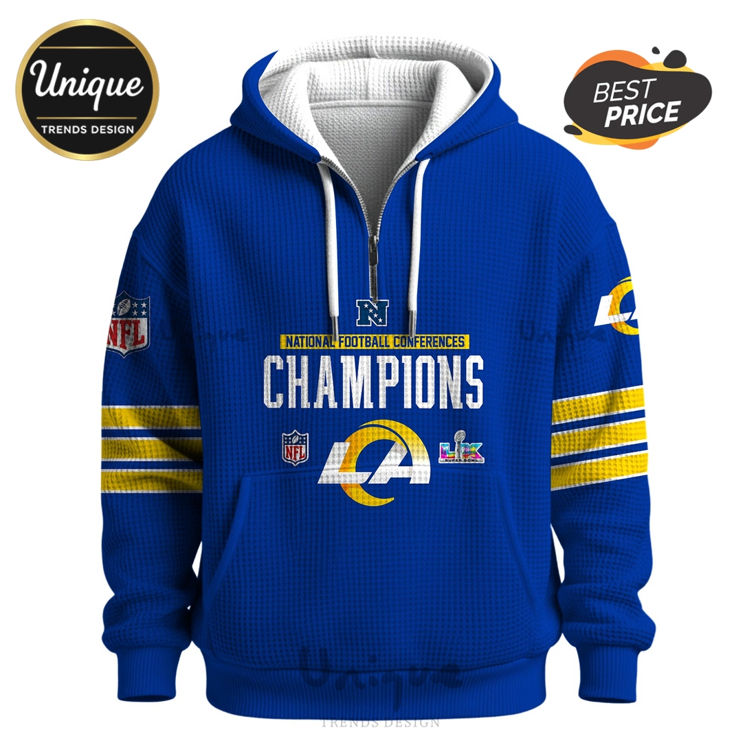 NFC Champions Los Angeles Rams Super Bowl LX Zip Waffle Hoodie NFC Champions Los Angeles Rams Super Bowl LX Zip Waffle Hoodie