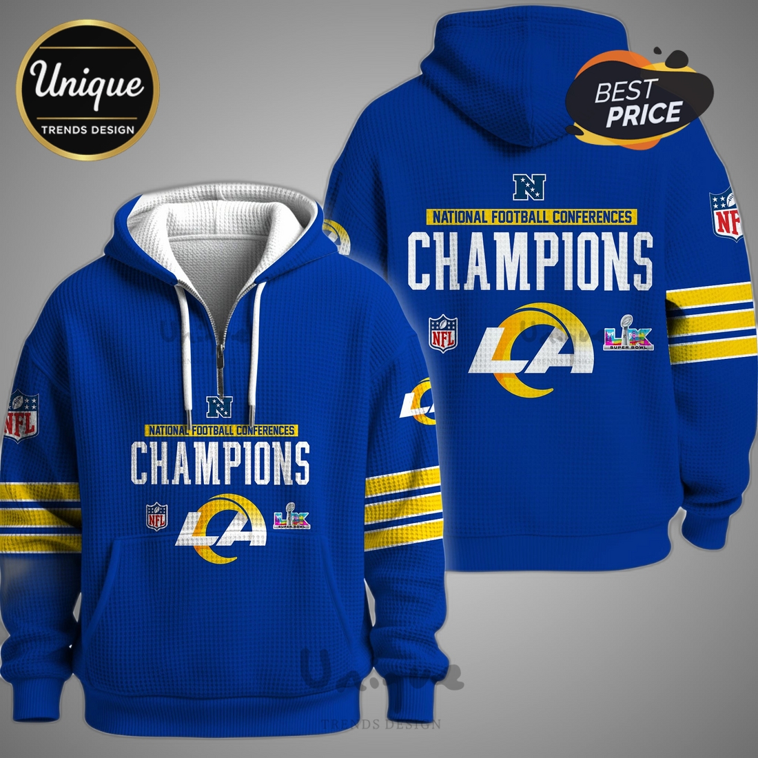 NFC Champions Los Angeles Rams Super Bowl LX Zip Waffle Hoodie NFC Champions Los Angeles Rams Super Bowl LX Zip Waffle Hoodie