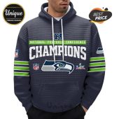 Navy blue hoodie with Seattle Seahawks graphics and 'National Football Conference Champions' text.!