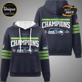 Seattle Seahawks Champions hoodie featuring team logos, NFL logos, and 'National Football Conference Champions' text.!
