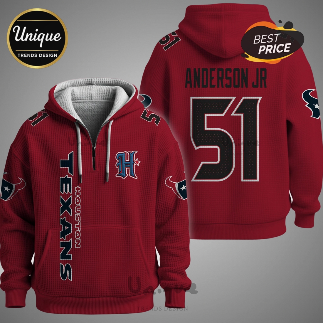 NFL Houston Texans Anderson Jr. 51 Waffle Quarter-Zip Hoodie NFL Houston Texans Anderson Jr. 51 Waffle Quarter-Zip Hoodie