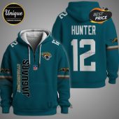 Jacksonville Jaguars Hunter 12 hoodie. Front: team logo, Jaguars text. Back: Hunter name, 12 number.!