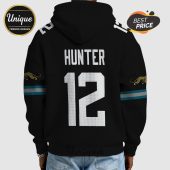 Back of black hoodie with 'HUNTER' and number '12' in white, plus Jacksonville Jaguars accents.!