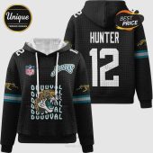 Jacksonville Jaguars themed hoodie featuring team logo, jaguar graphic, name 'HUNTER' and number '12'.!